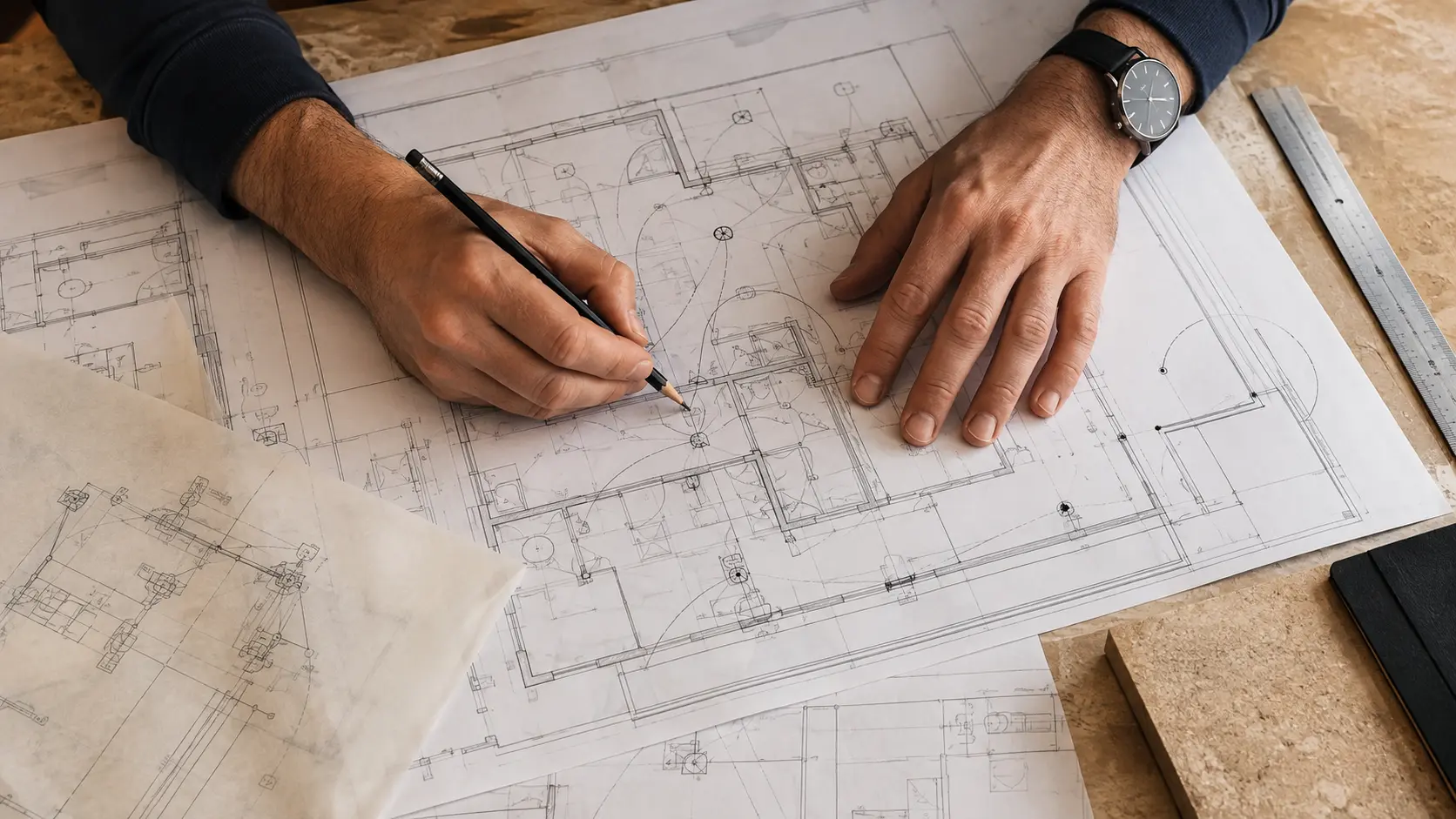 A Krypto systems designer coordinating security and building services on detailed technical plans