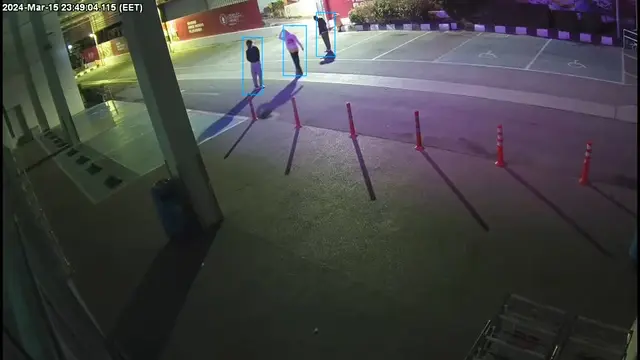 A group monitored across a retail parking area