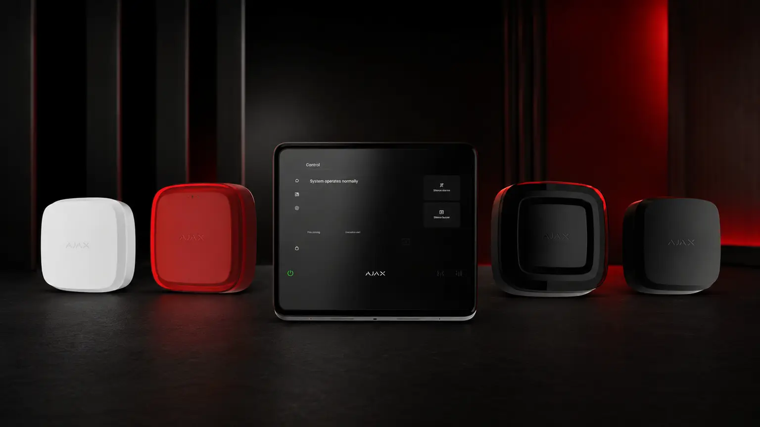 Ajax EN54 fire alarm control panel, detectors and alarm devices on a coordinated studio background