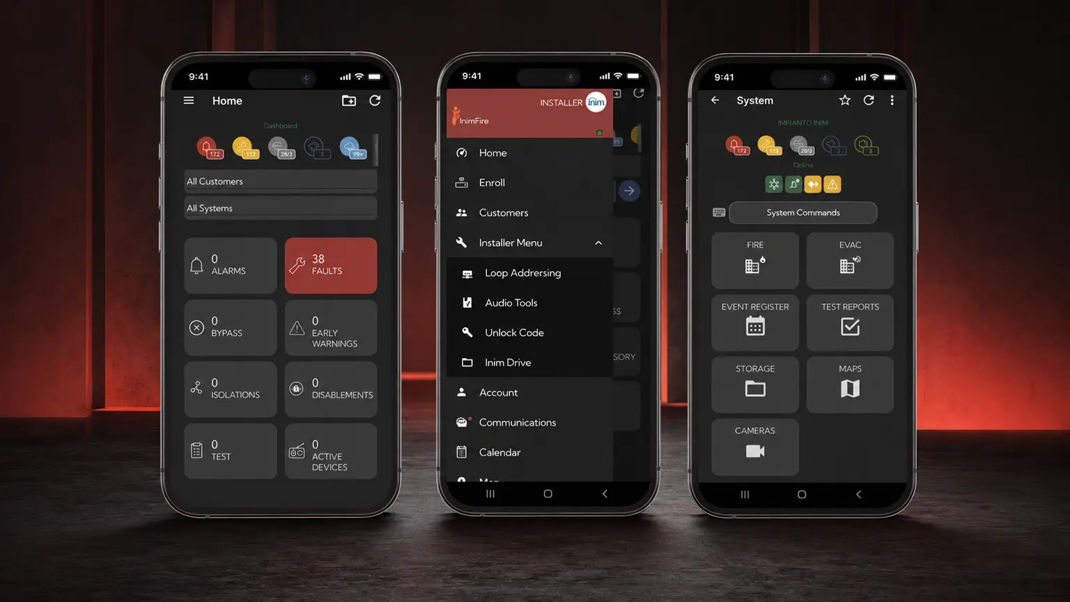 INIM fire system application showing alarms, faults, event register, reports, maps and system commands