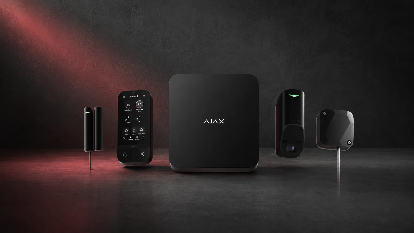 Ajax intrusion hub, keypad, opening detector and motion detection devices on a coordinated studio background